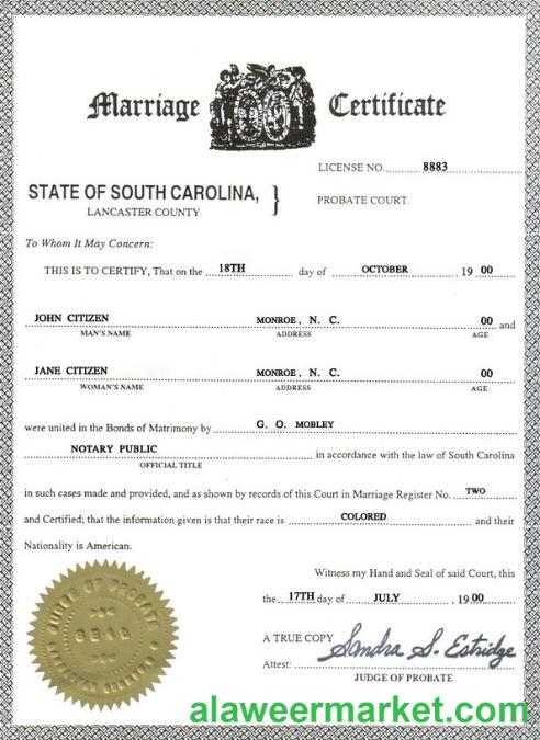 USA South Carolina marriage certificate template in PSD format